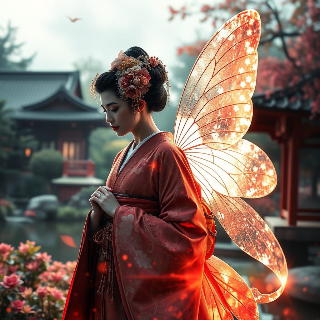 Ethereal Fairy Geisha in Shimmering Japanese Garden
