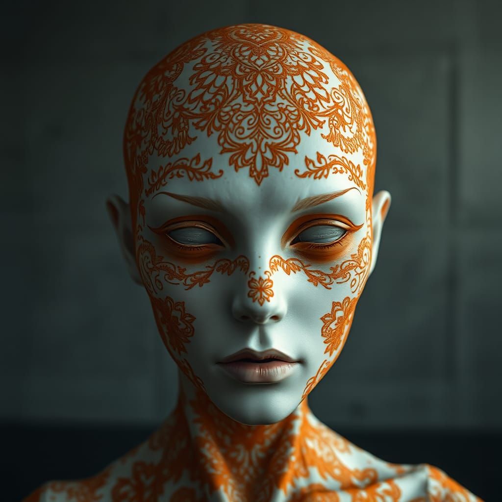 Android with Burnt Umber Lace Skin in Concrete Room