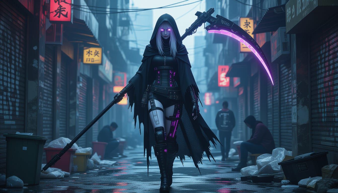 Cyberpunk Biomechanical Woman in Gritty Alley