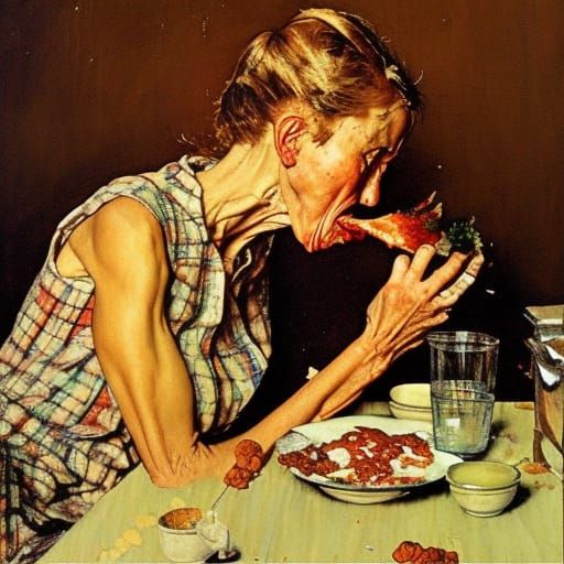 Rotting Woman Eating Salad in Rockwell Style
