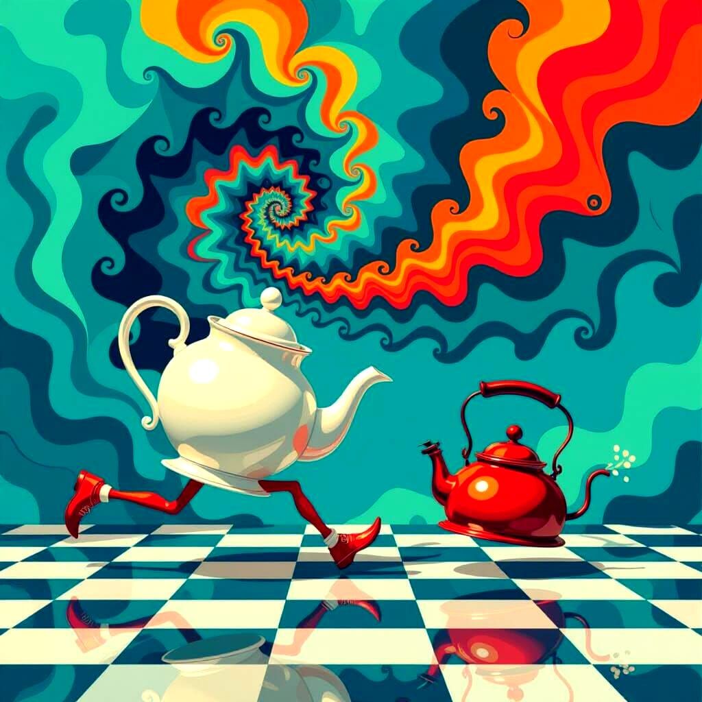 Whimsical Teapot Escapes Angry Kettle in Fractal Art Style