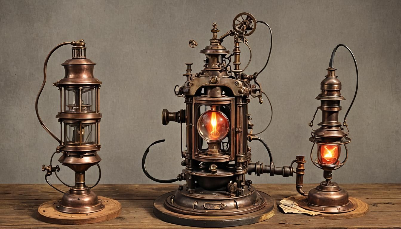 Neo-Retro Lantern and Burning Books on Table