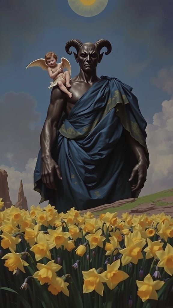 Towering Demon with Cherub and Flowers