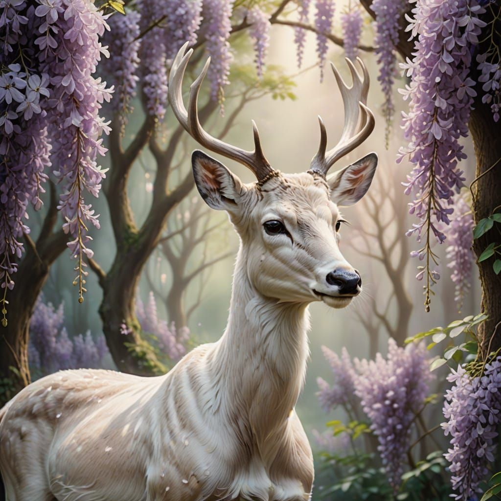 Ethereal White Deer in Wisteria Grove, Fantasy Art