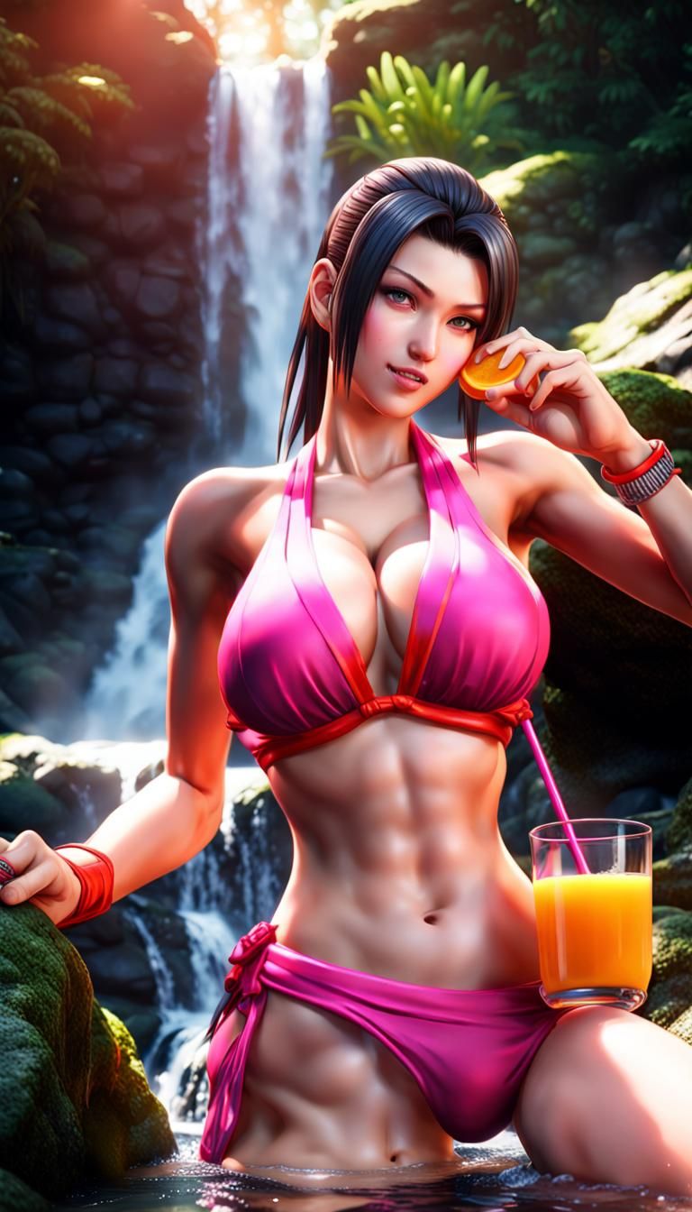 Mai Shiranui in Pink Bikini at Waterfall