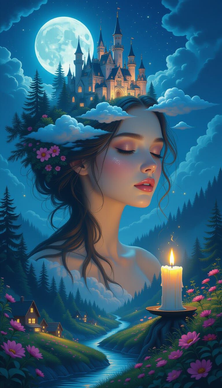 Ethereal Woman Blended with Nature, Castles & Candlelight