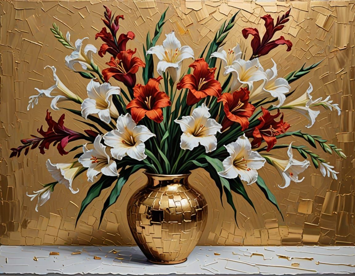Gladiolus in Vase: Impasto Painting in Goldenpunk Style
