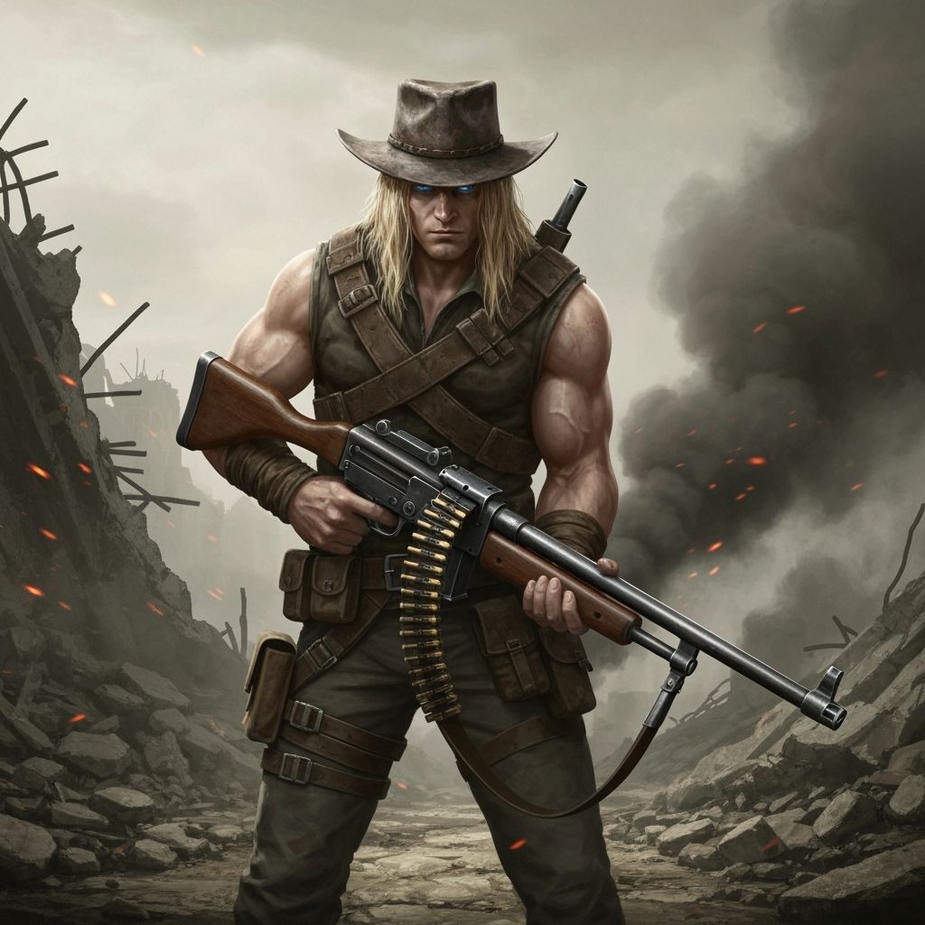 Blonde Raider with Machine Gun in War Zone