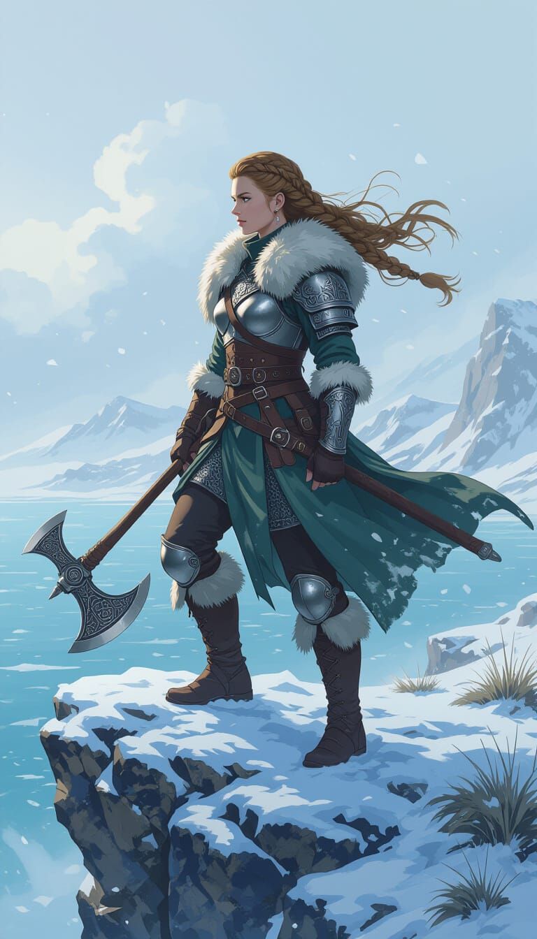 Anime Viking Shieldmaiden on Frosty Cliff in Rugged Style