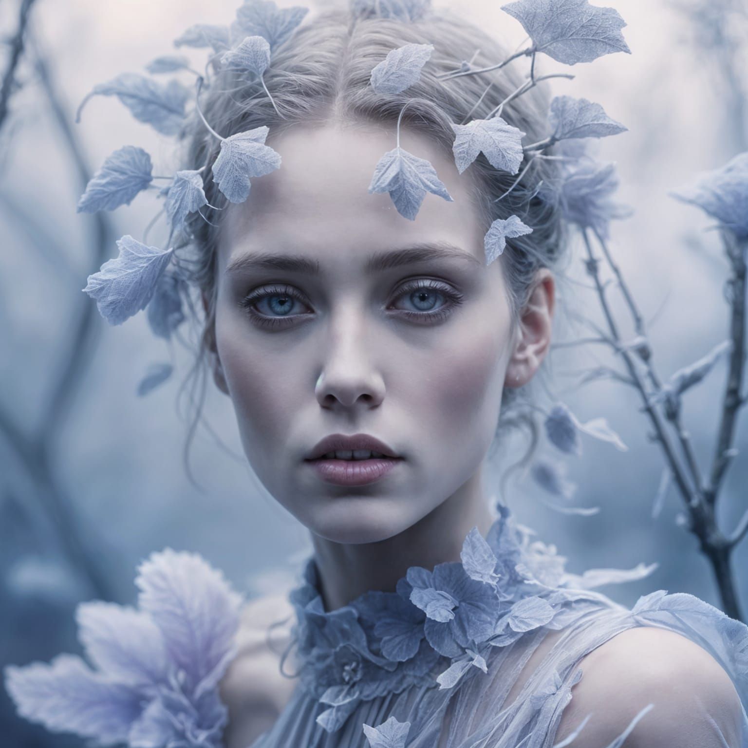 Surreal high fashion portrait. Close-up, soft focus. Ethereal phantom woman with porcelain skin, doll's eyes, and a haun...