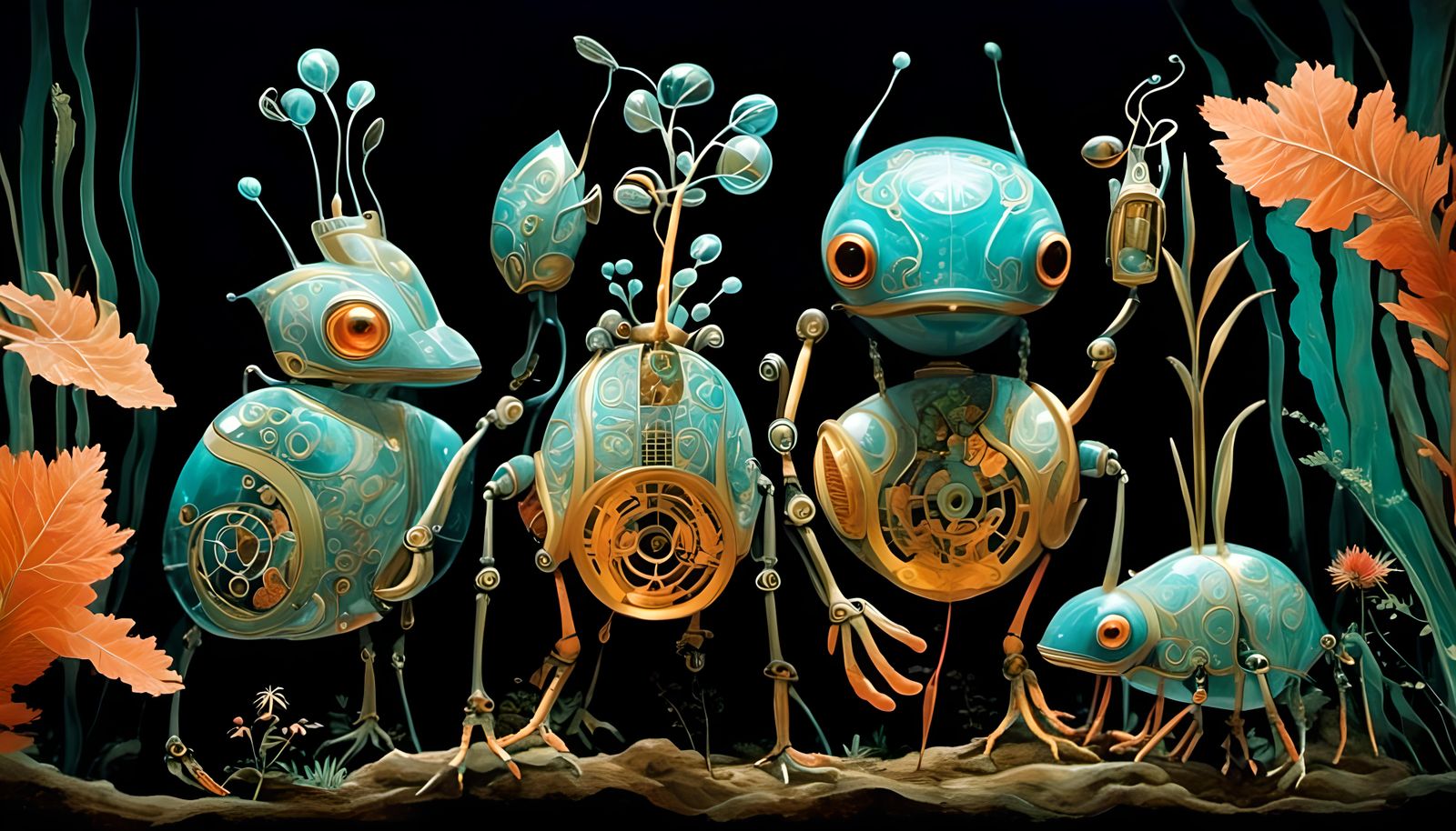 Cyborg Pets in Biomechanical Forest: Hand-Drawn Art