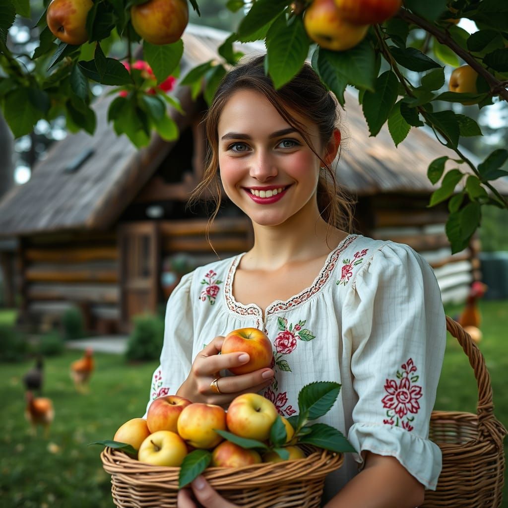 Warm Portrait of a Young Woman Gathering Apples in a Serene ...