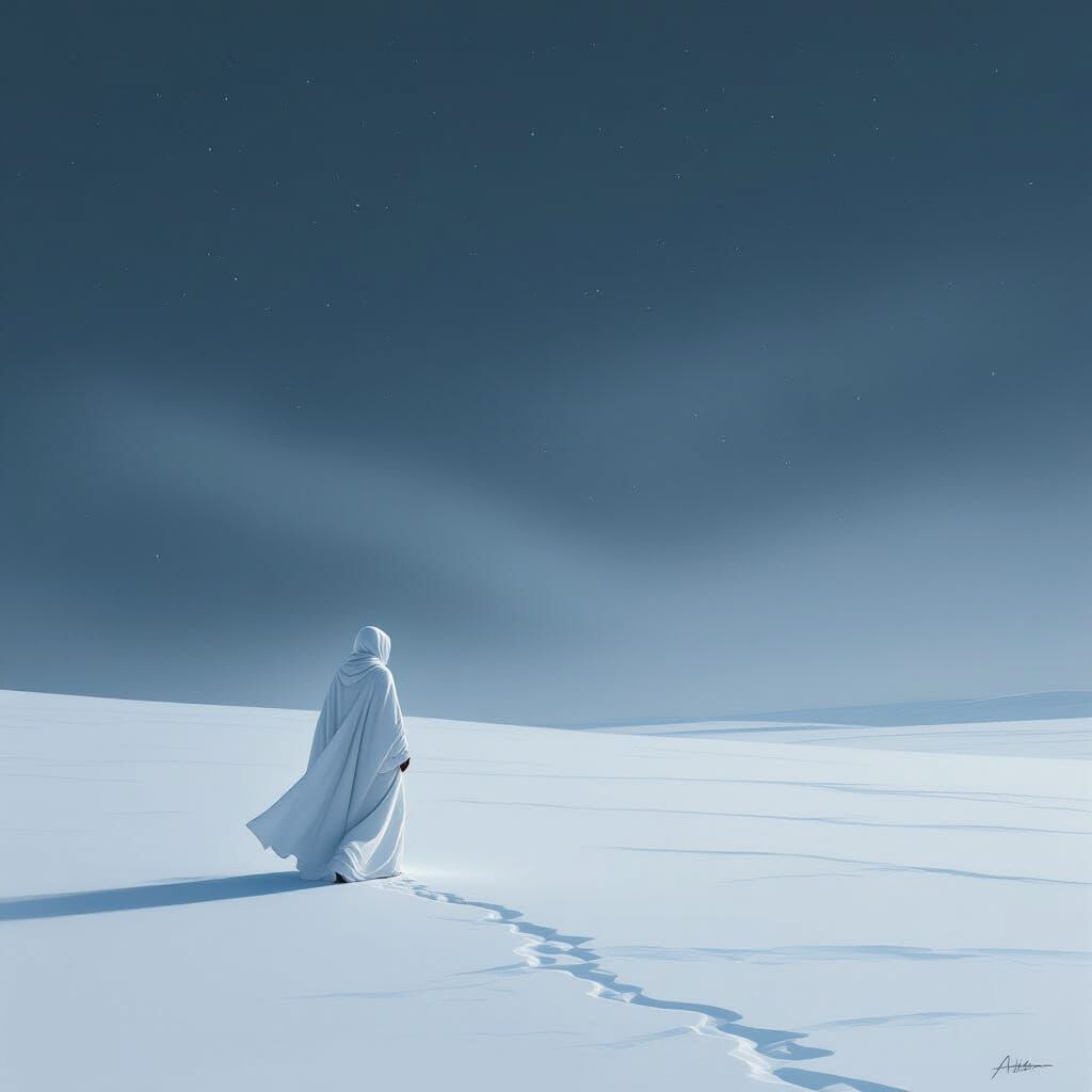 Solitary Figure in Ethereal Snowy Landscape