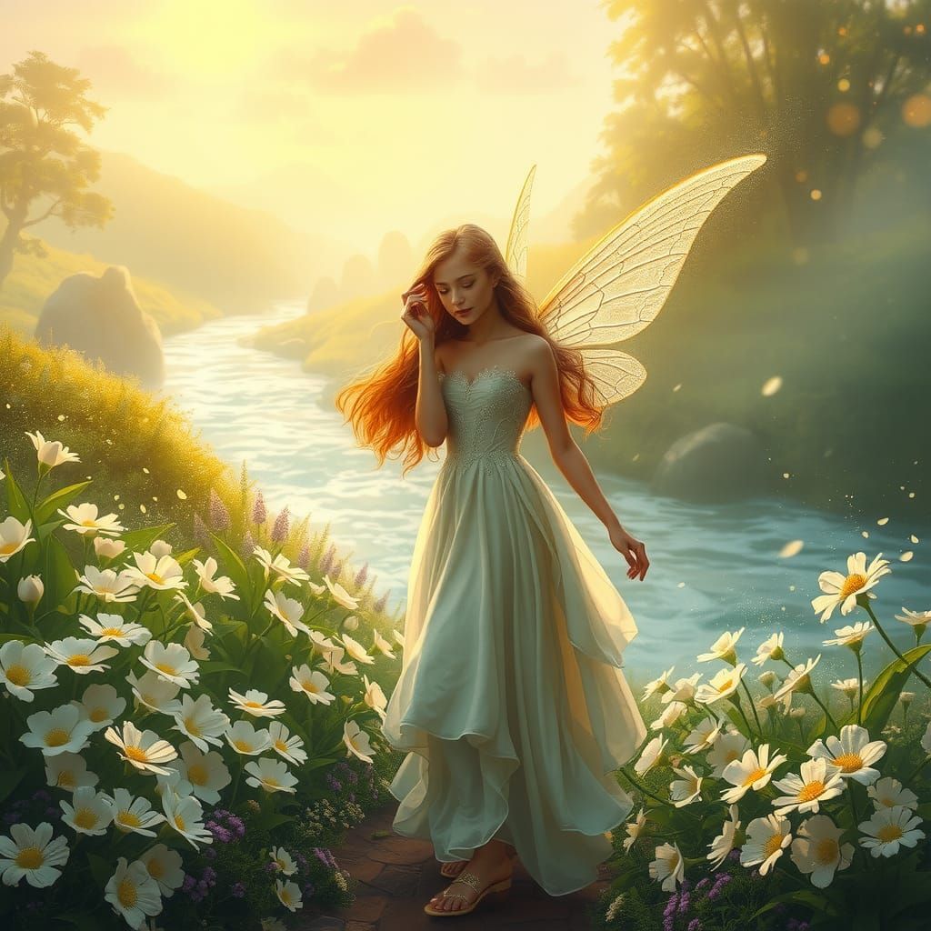 Enchanting Fairy in Sunrise Garden Landscape