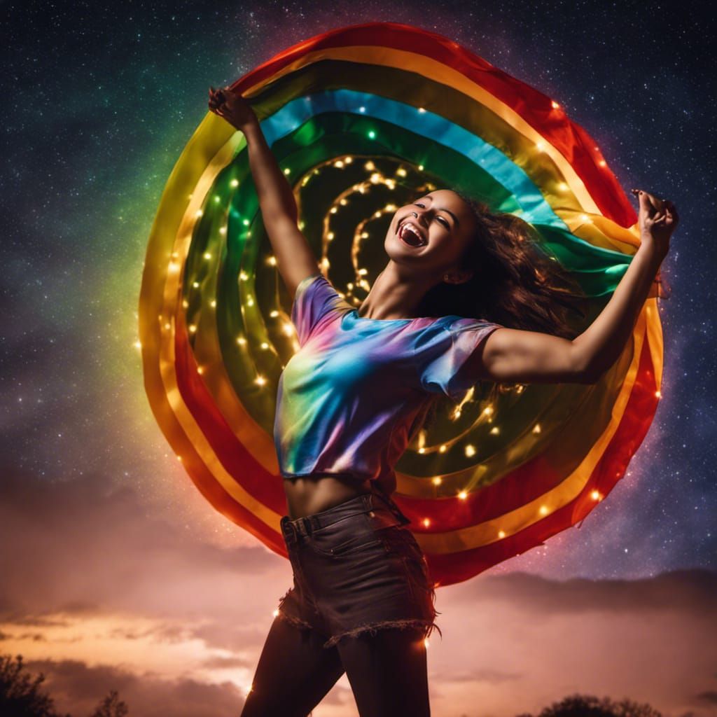 Woman Dancing on Rainbow Under Starry Night