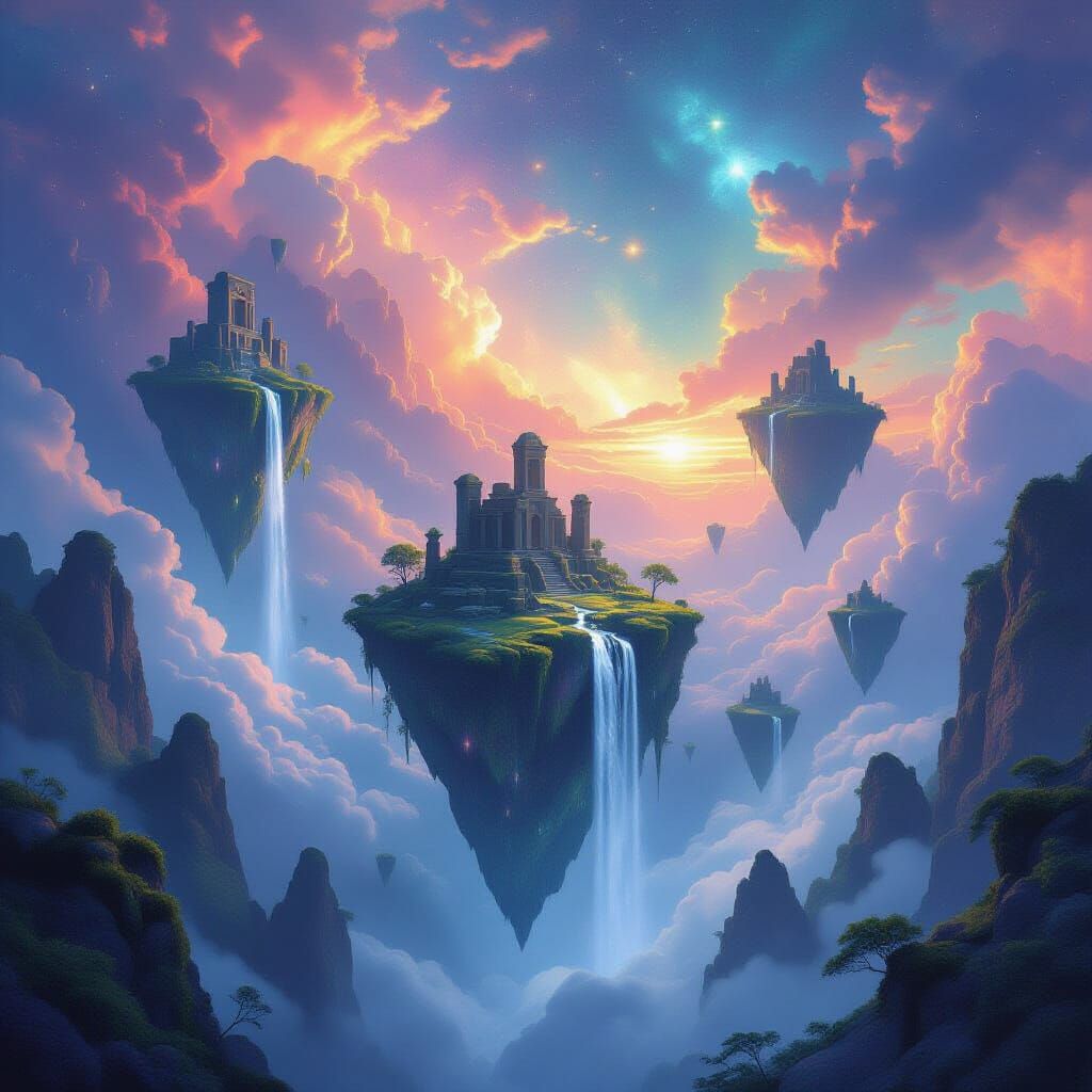 Ethereal Floating Islands in Nebula Sky