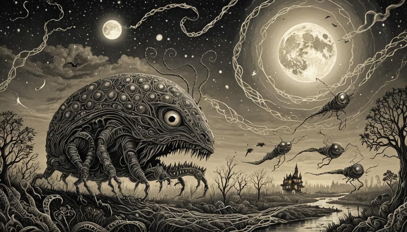 Monster Chase: Horror Nightscape with Alien Being