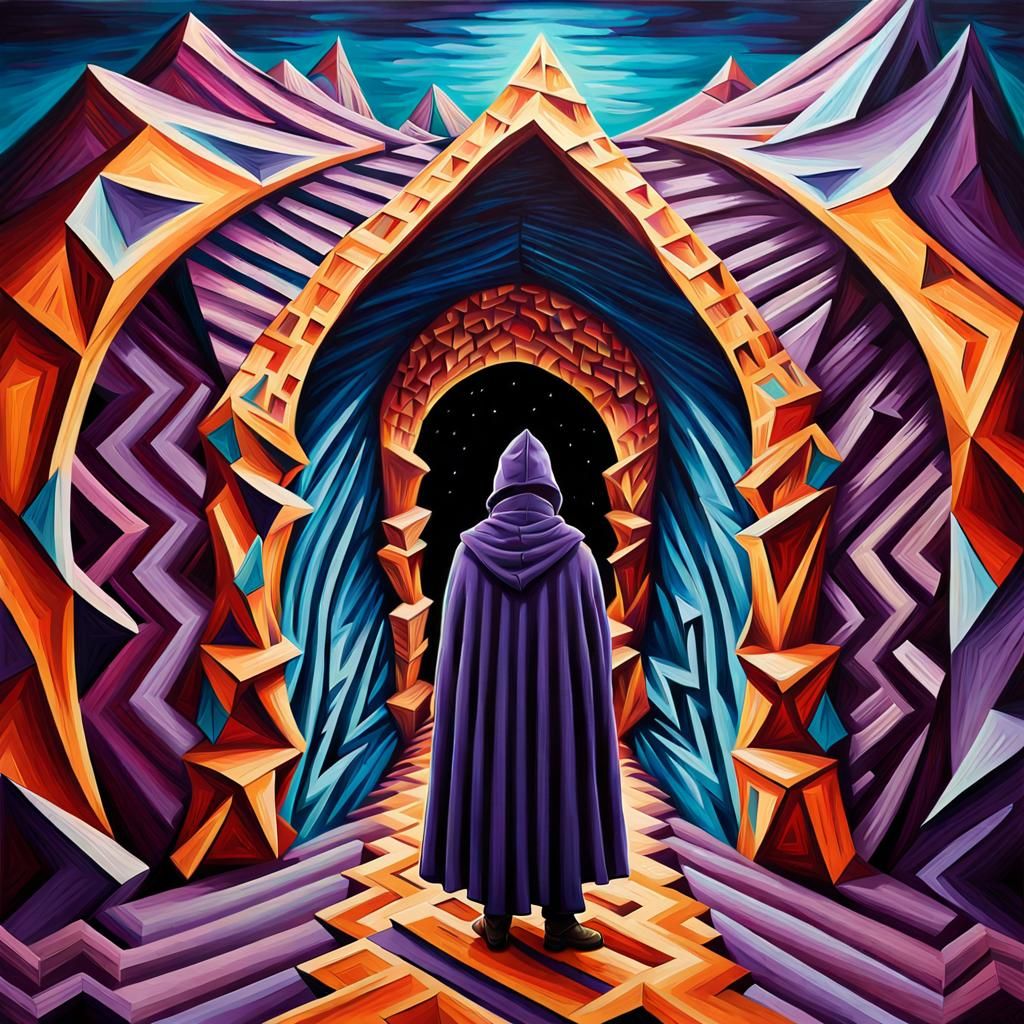 Surreal Hooded Figure in Dreamlike Archway