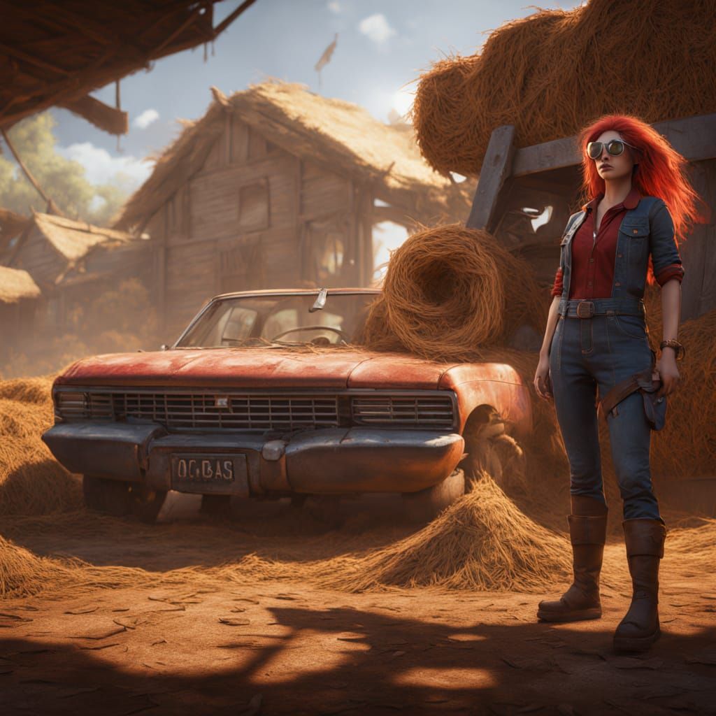 Crimson Haired Farmer Girl in Denim Overalls with Hoe