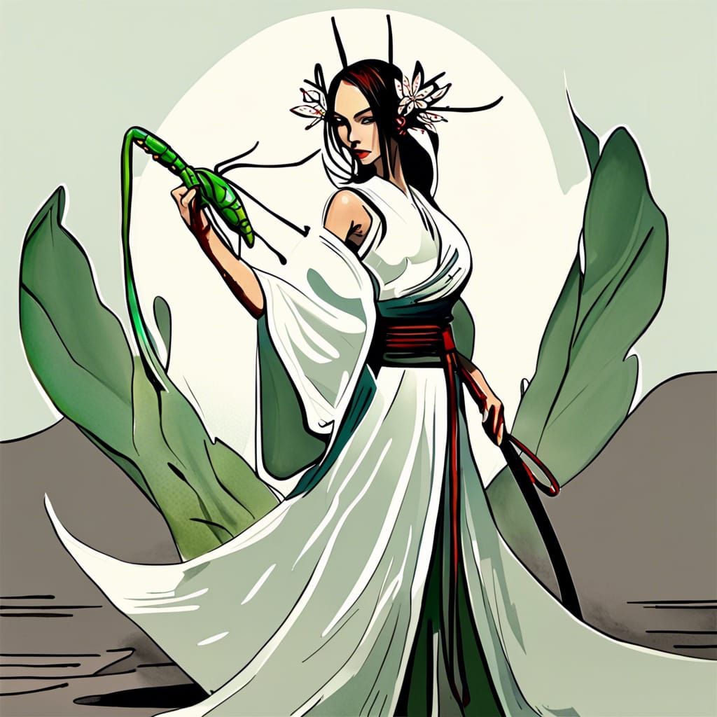 Mantis Woman with Katana in Watercolor Style
