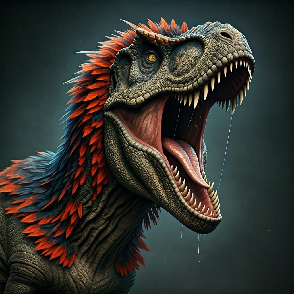 Fearsome T-Rex Roars with Razor-Sharp Teeth and Fuzzy Plumag...