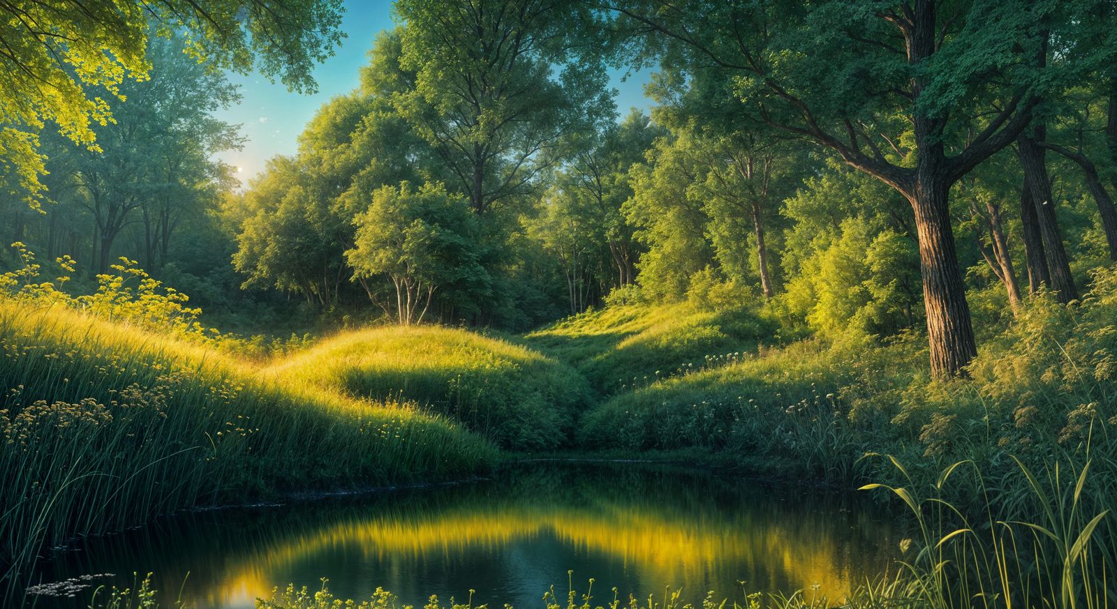 Peaceful August Landscape in Golden Hour, 3D Render