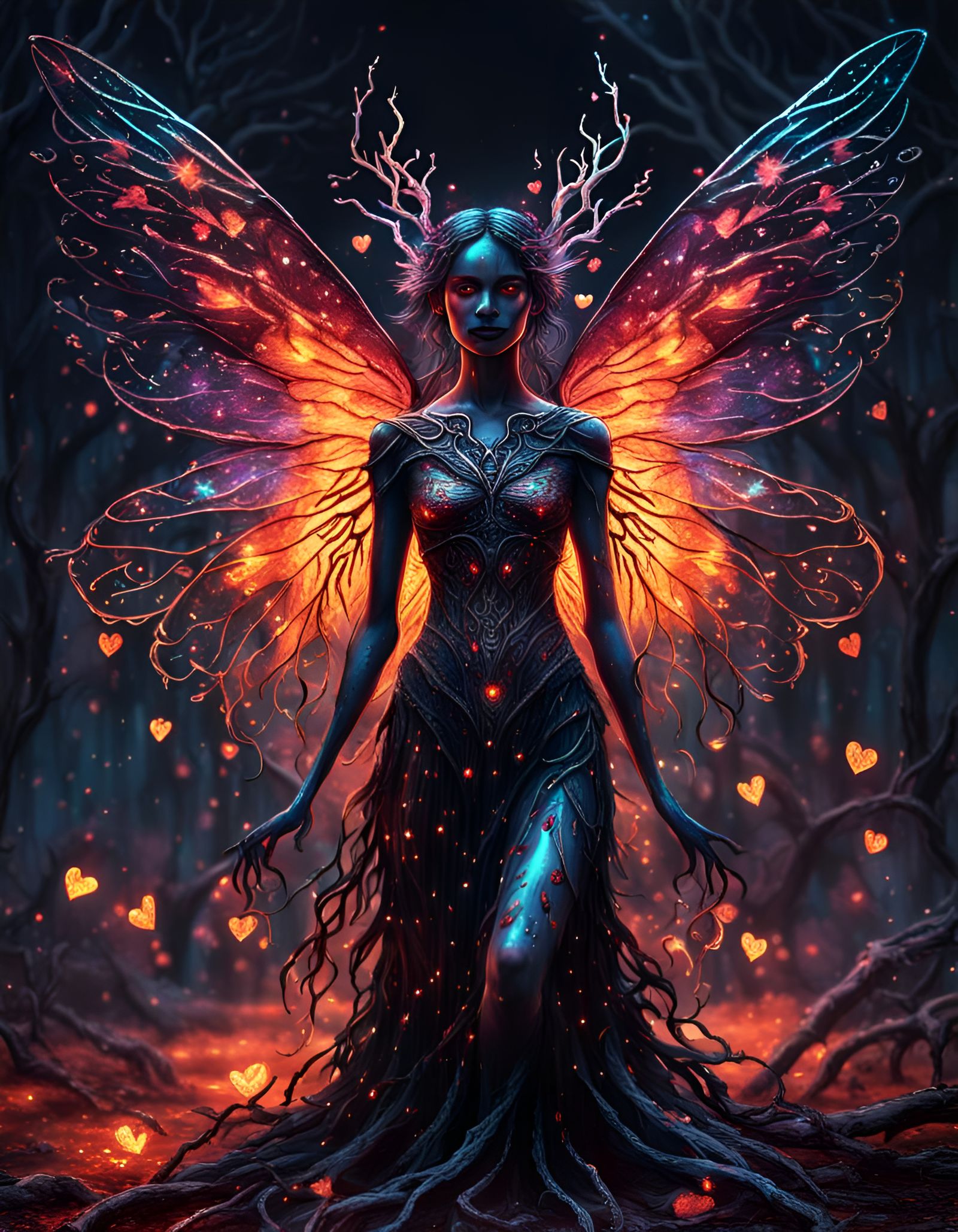 Fiery-Eyed Fairy with Broken Hearts: Cosmic Illustration