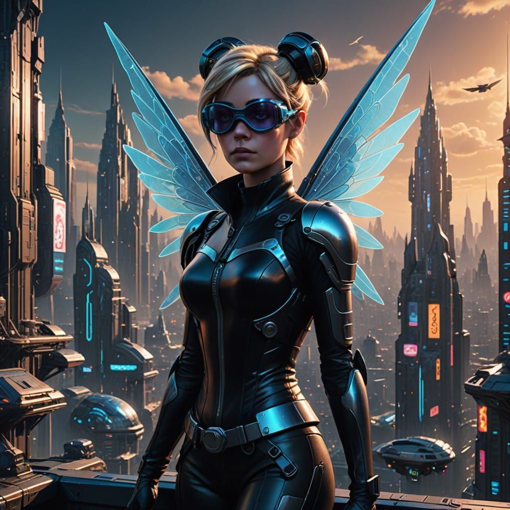 Cyberpunk Tinker Bell: Futuristic Fairy in Neon Cityscape