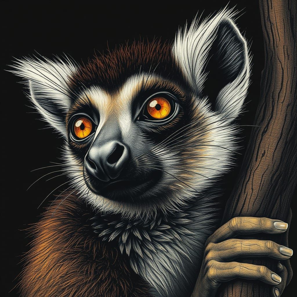Lemur Portrait in Copper Scratchboard