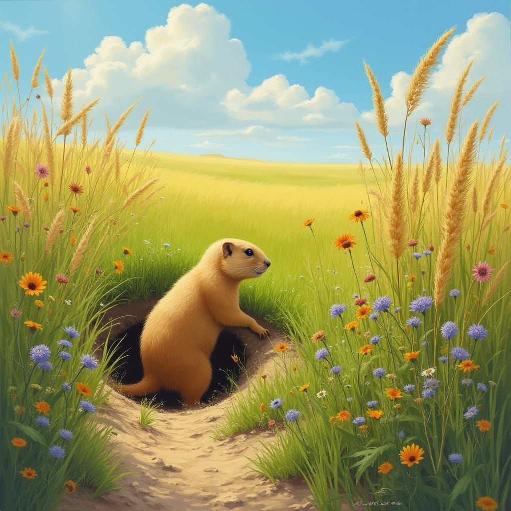 Prairie Dog Emerges from Burrow in Vast American Grasslands