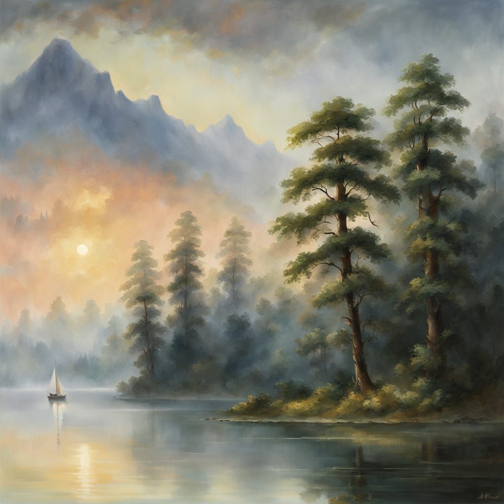 Dreamy Dawn Landscape with Majestic Trees and Misty Lake