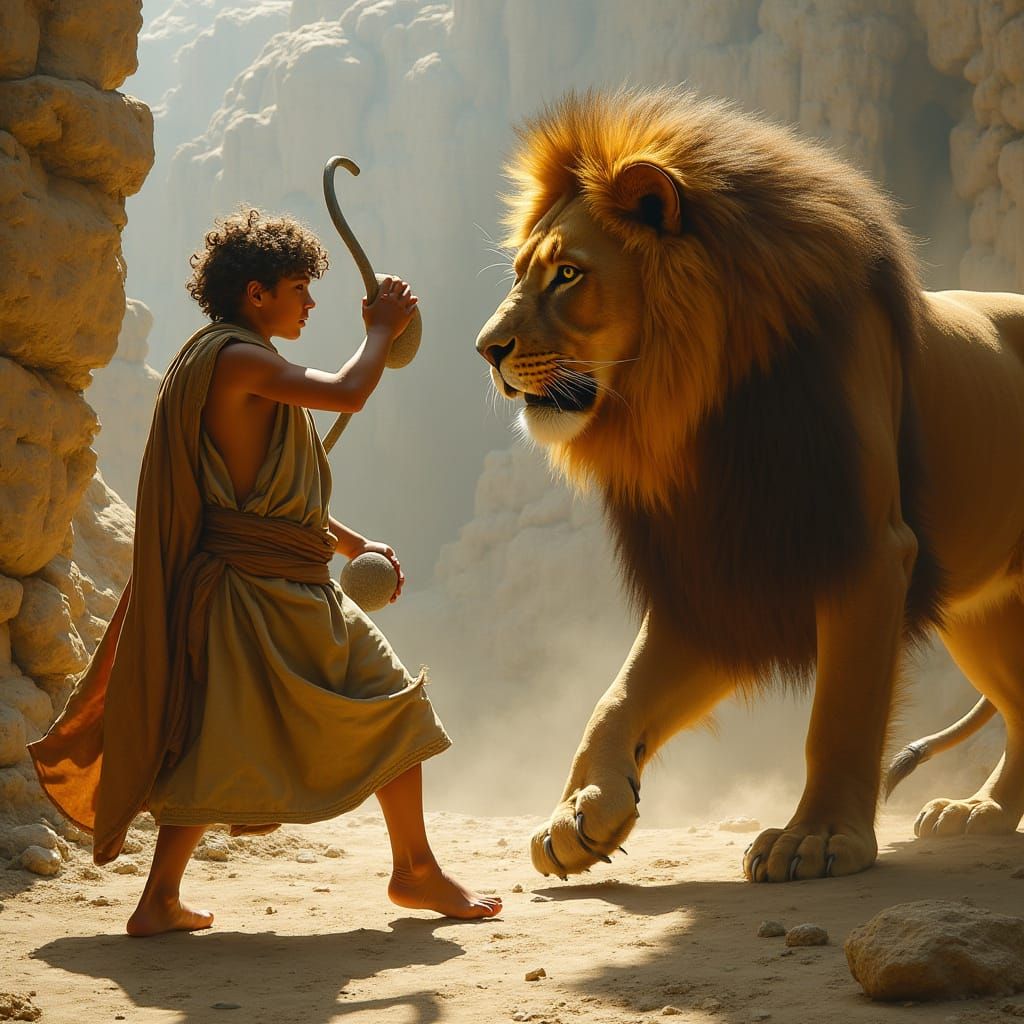David Confronts a Majestic Lion in a Dramatic Baroque Scene