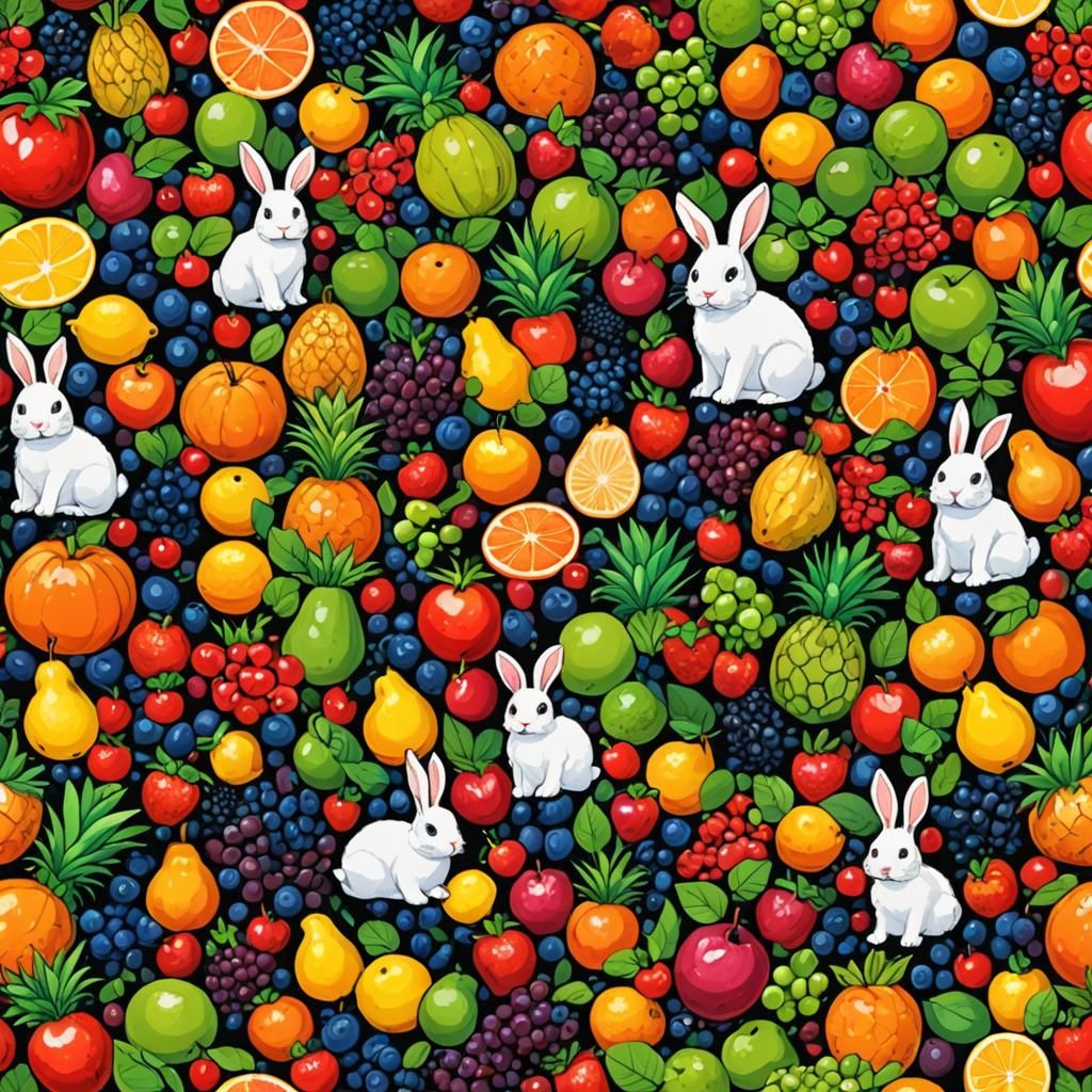 Colorful Fruits and Rabbits in Realistic Style