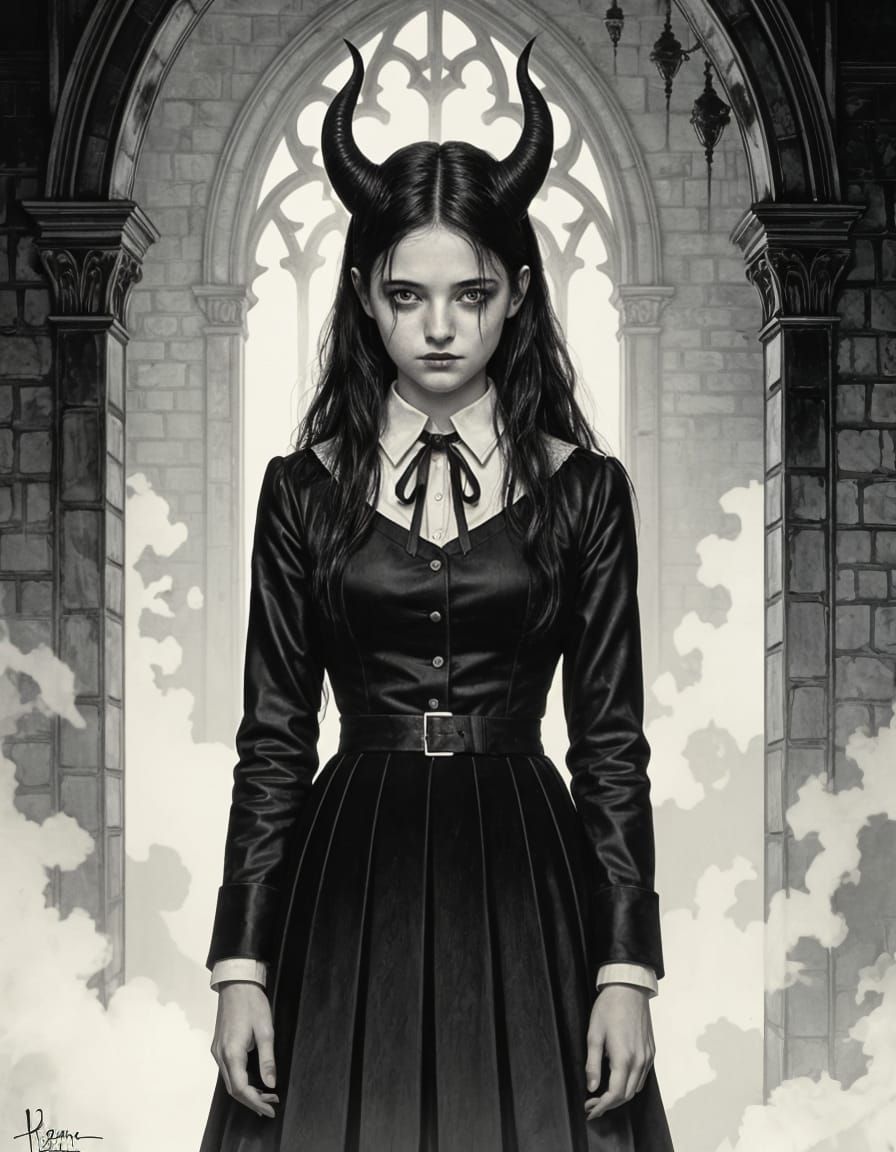 Devil Schoolgirl in Dark Horror Style