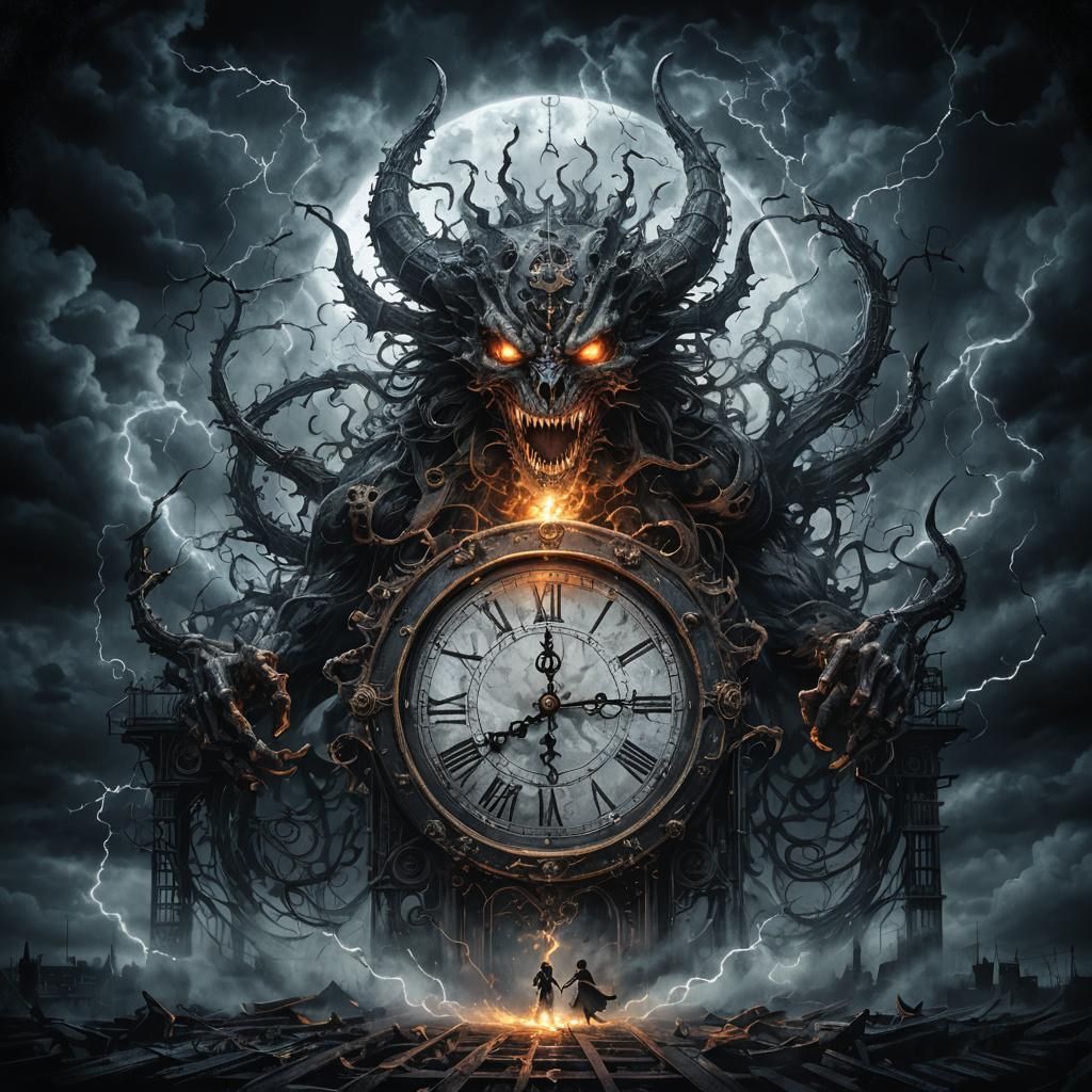 Demonic Clock Character in Dark Fantasy Illustration