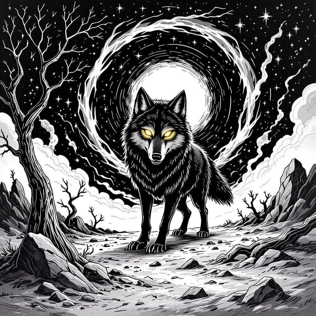 Spectral Wolf in Wasteland, Children's Book Illustration