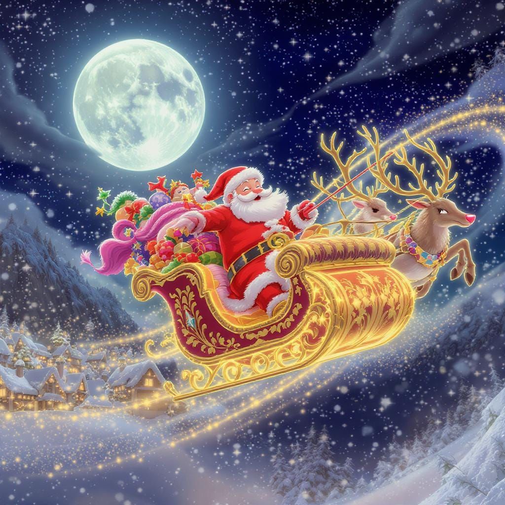 Santa Claus Sleigh Over Snowy Village in Anime Style