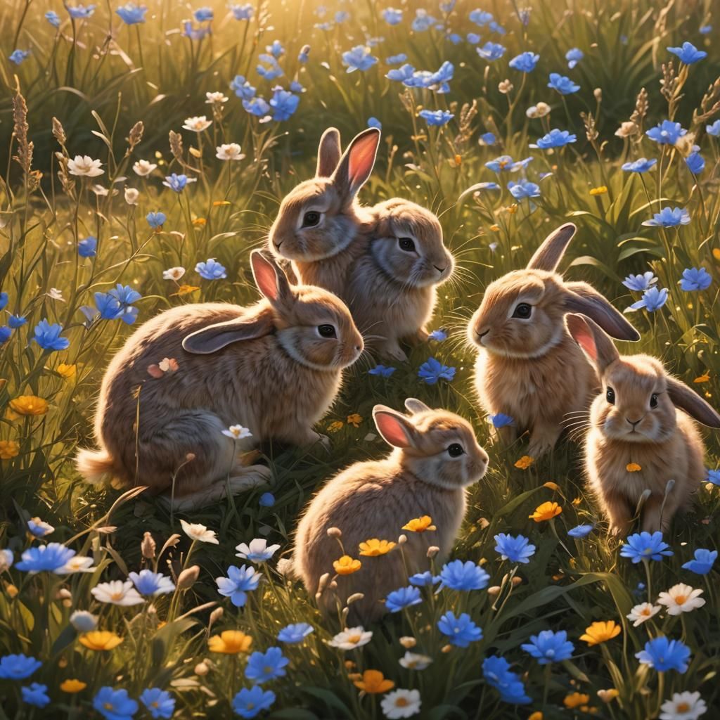Bunnies Playing in Sunlit Meadow, Fantasy Art