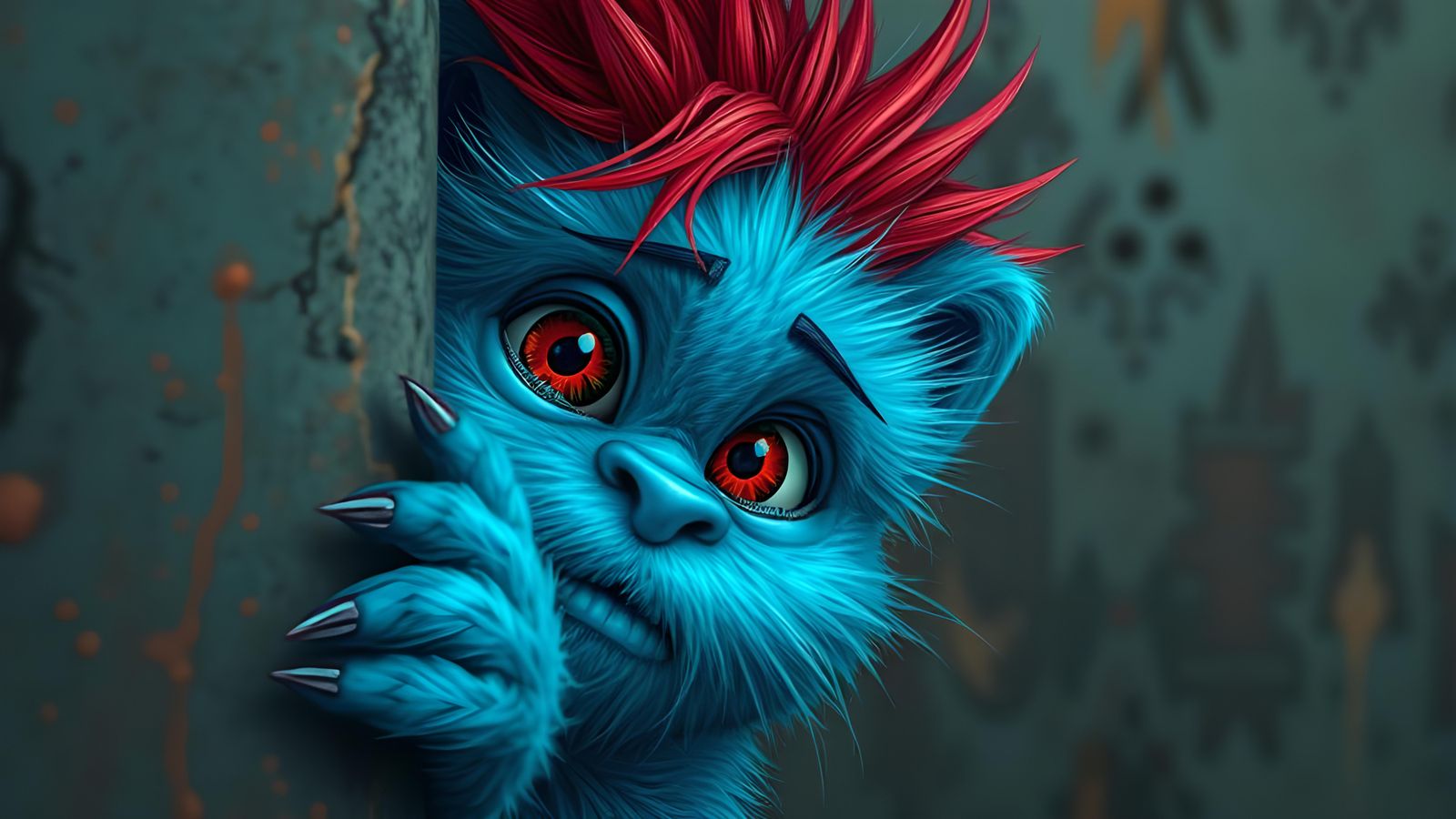 Adorable Blue Monster Peeking, Digital Portrait