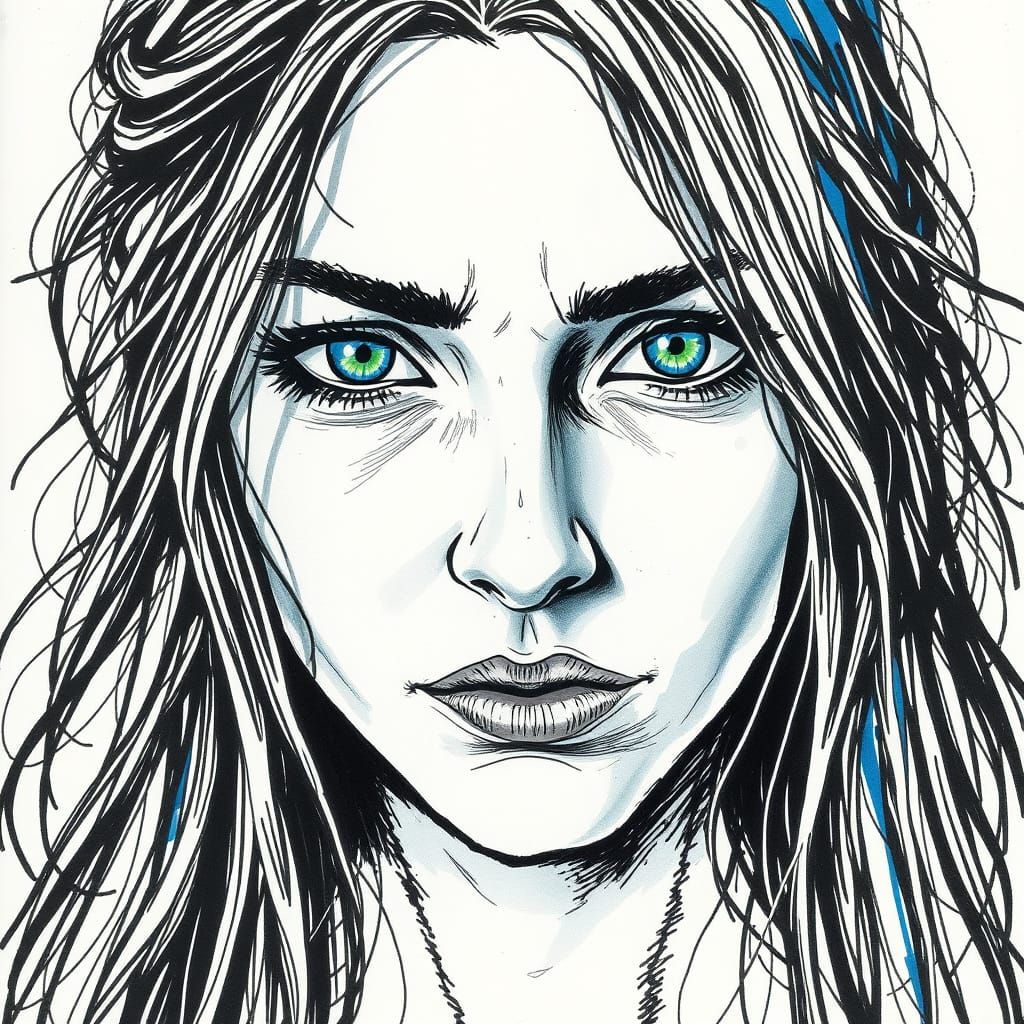 Expressionist Woman with Intense Blue Eyes in Glowing Runes