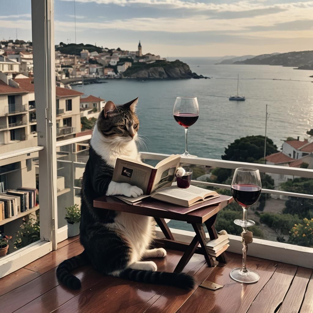 Cat Reading Book with Wine and Ocean View