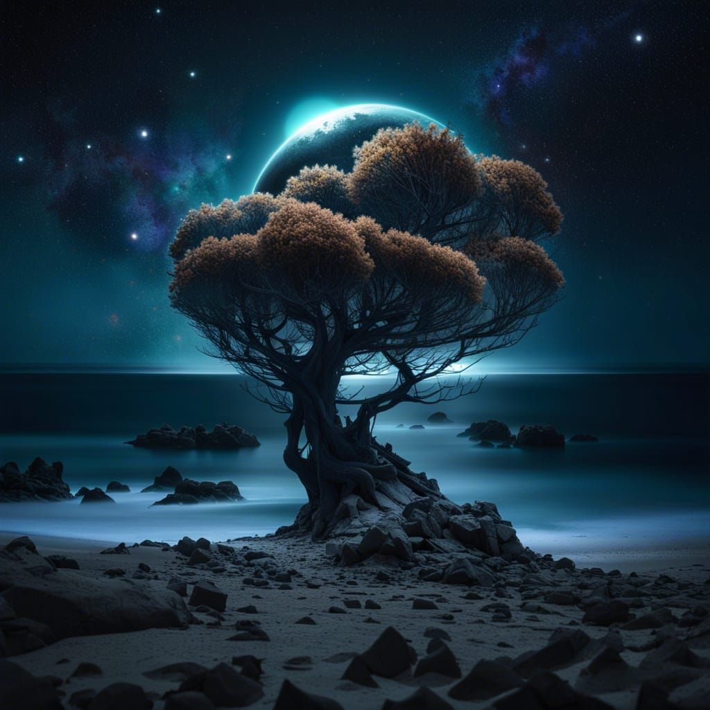 Alien Planet Beach at Night Under Two Moons