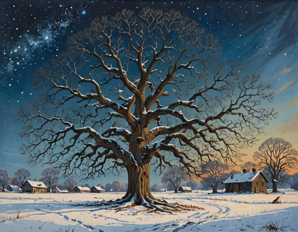 Oak Tree in Snowy Landscape as Detailed Acrylic Painting