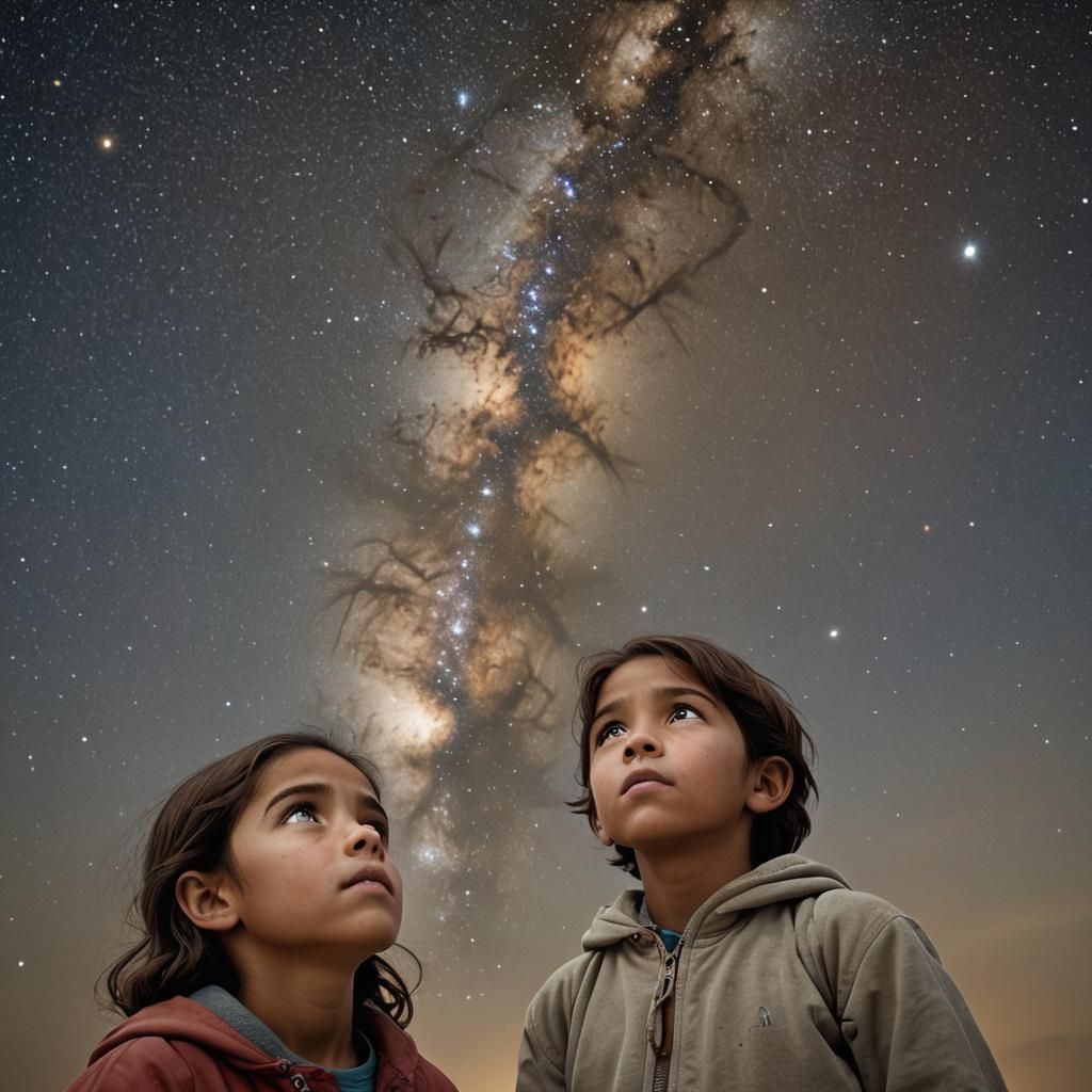 Children Gaze at Starry Sky: Professional Portrait