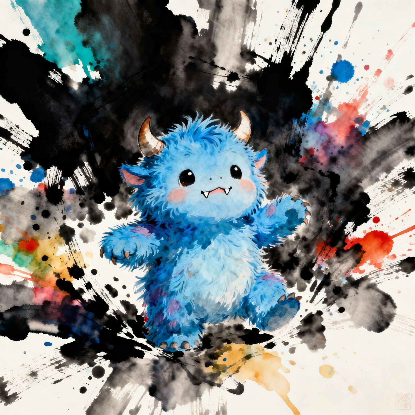Adorable Fuzzy Monster Baby Emerges from Colorful Ink Splash