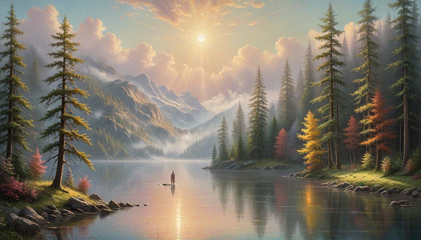 Solitary Figure in Ethereal Foggy Forest Lake