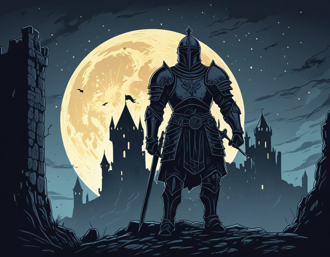 Medieval Knight Silhouette at Ruined Castle Under Full Moon