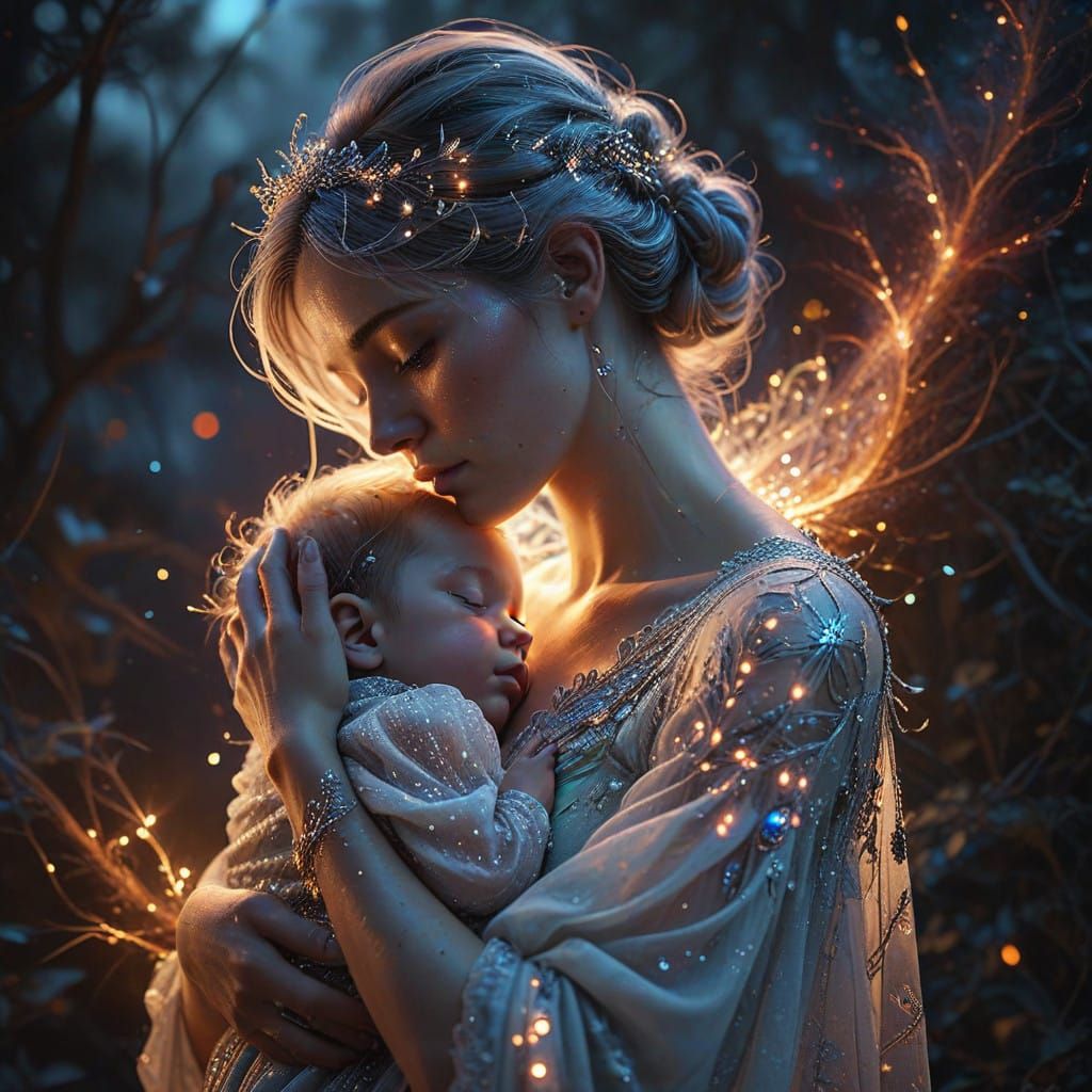 Mother's Warm Embrace in Ethereal Sunset Glow