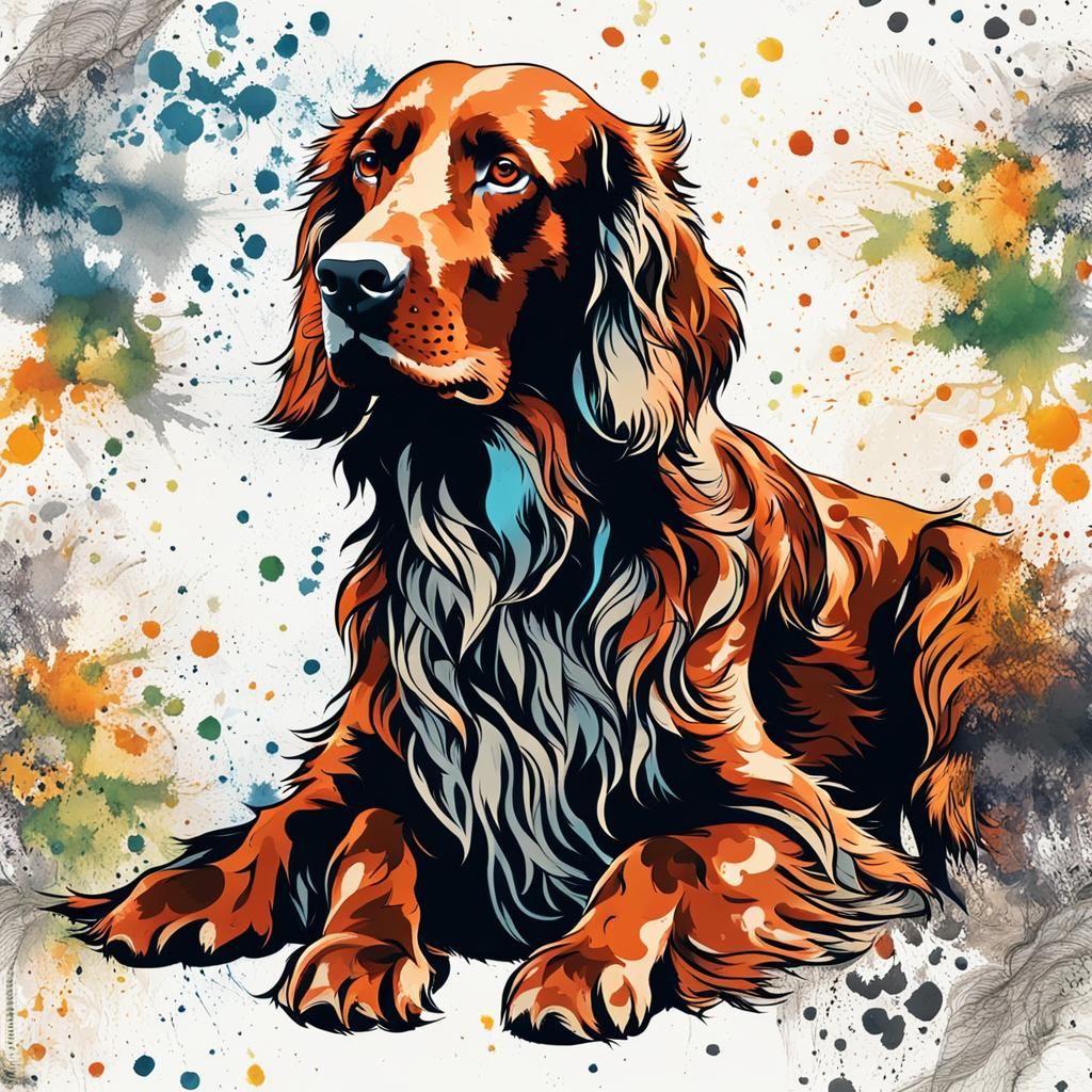 Irish Setter Portrait with Ink Splatter Texture