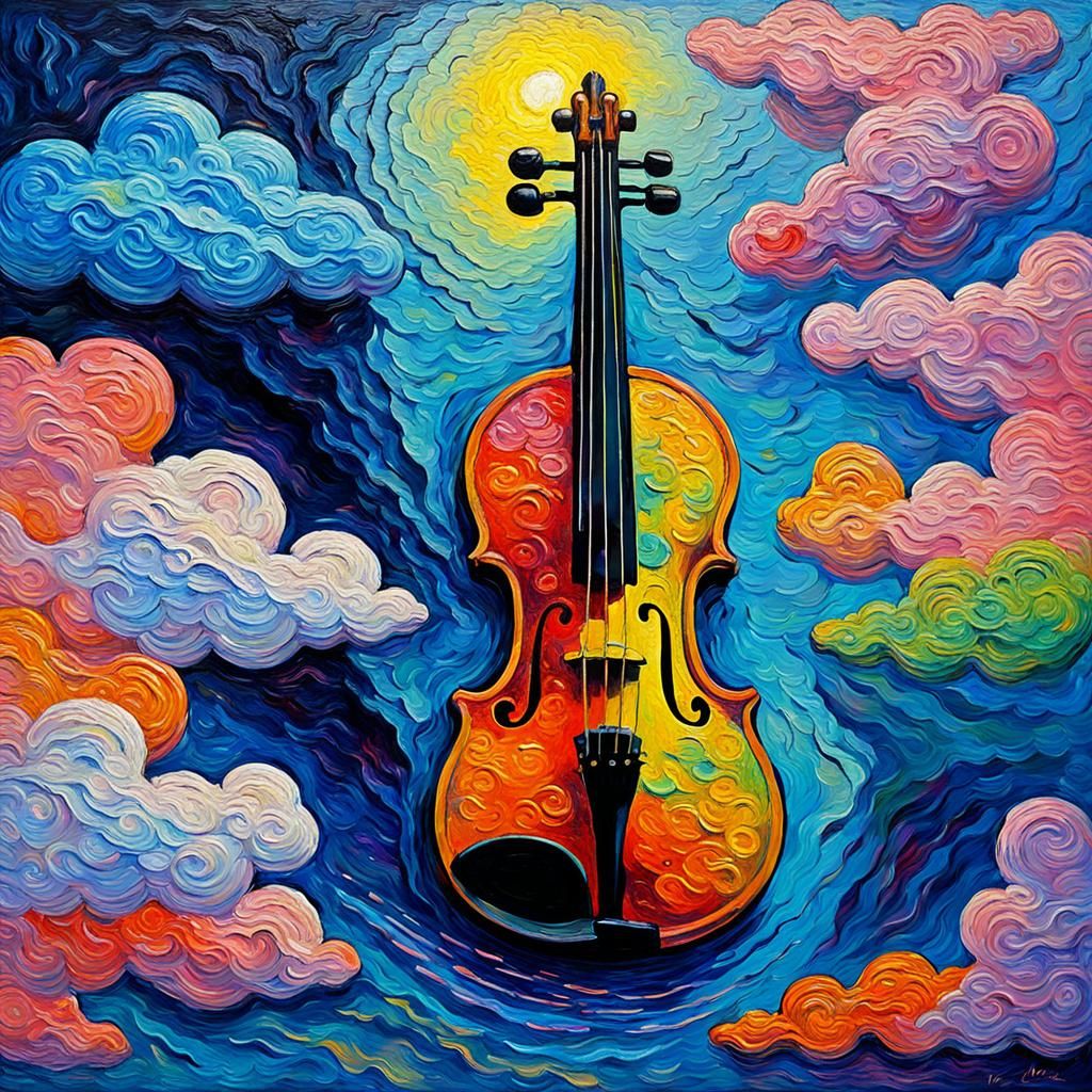 Glass Violin Reflecting Neon Clouds: Neo-Impressionist Oil P...